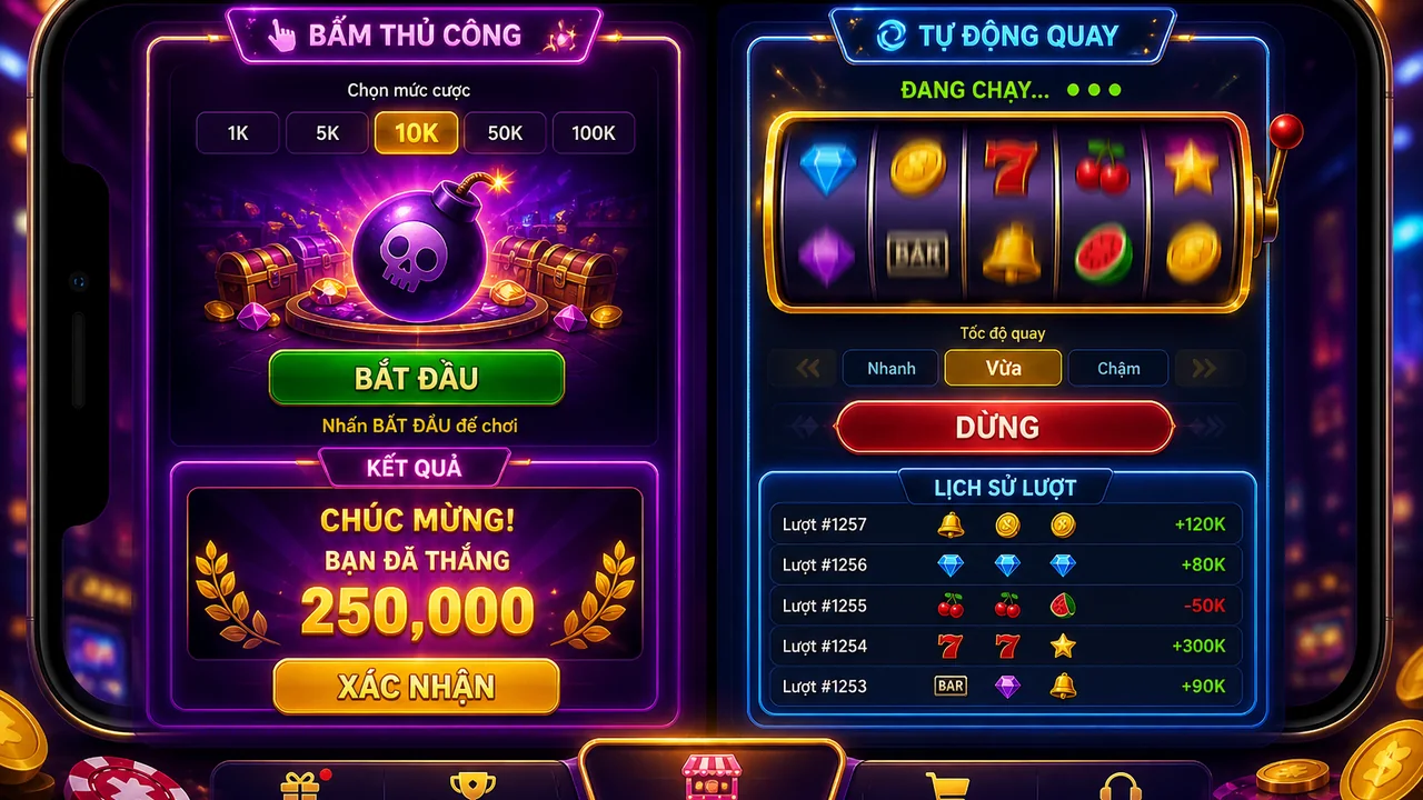 Nút bắt đầu hay tự chạy: 98win game tự động quay và game bấm thủ công khác gì về thông tin hiển thị?